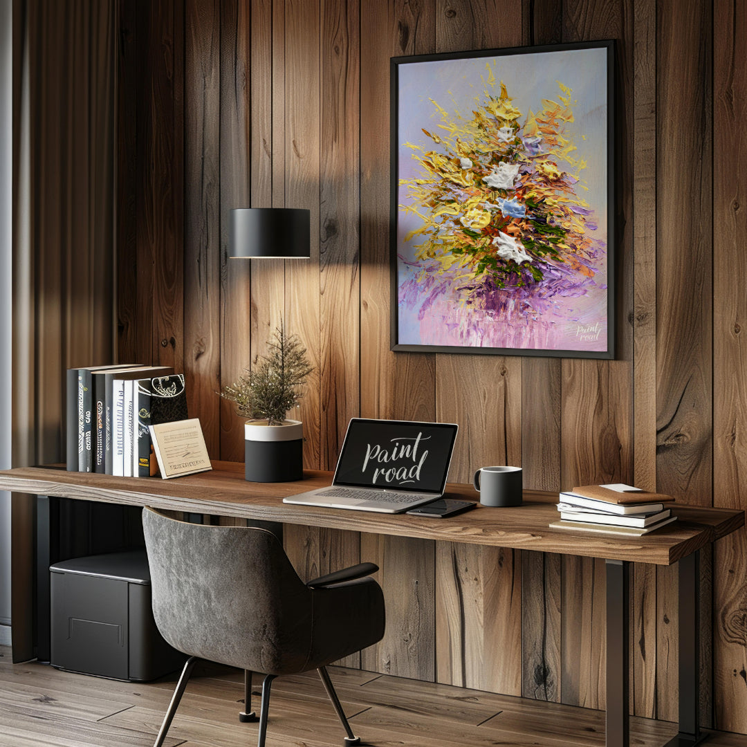 This vibrant painting captures a bouquet of flowers in a dynamic, impasto style, with thick, textur… for office