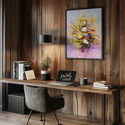 This vibrant painting captures a bouquet of flowers in a dynamic, impasto style, with thick, textur… for office