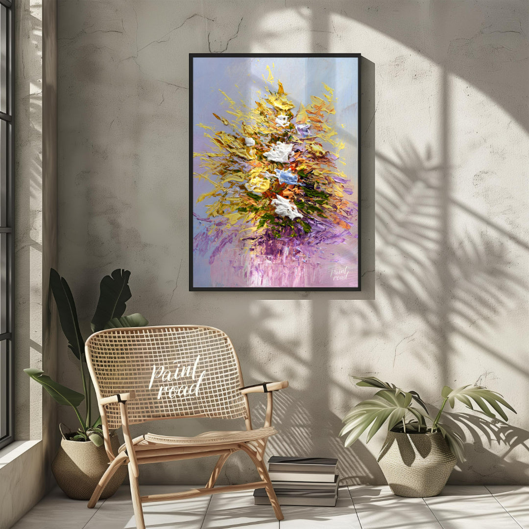 This vibrant painting captures a bouquet of flowers in a dynamic, impasto style, with thick, textur… for other