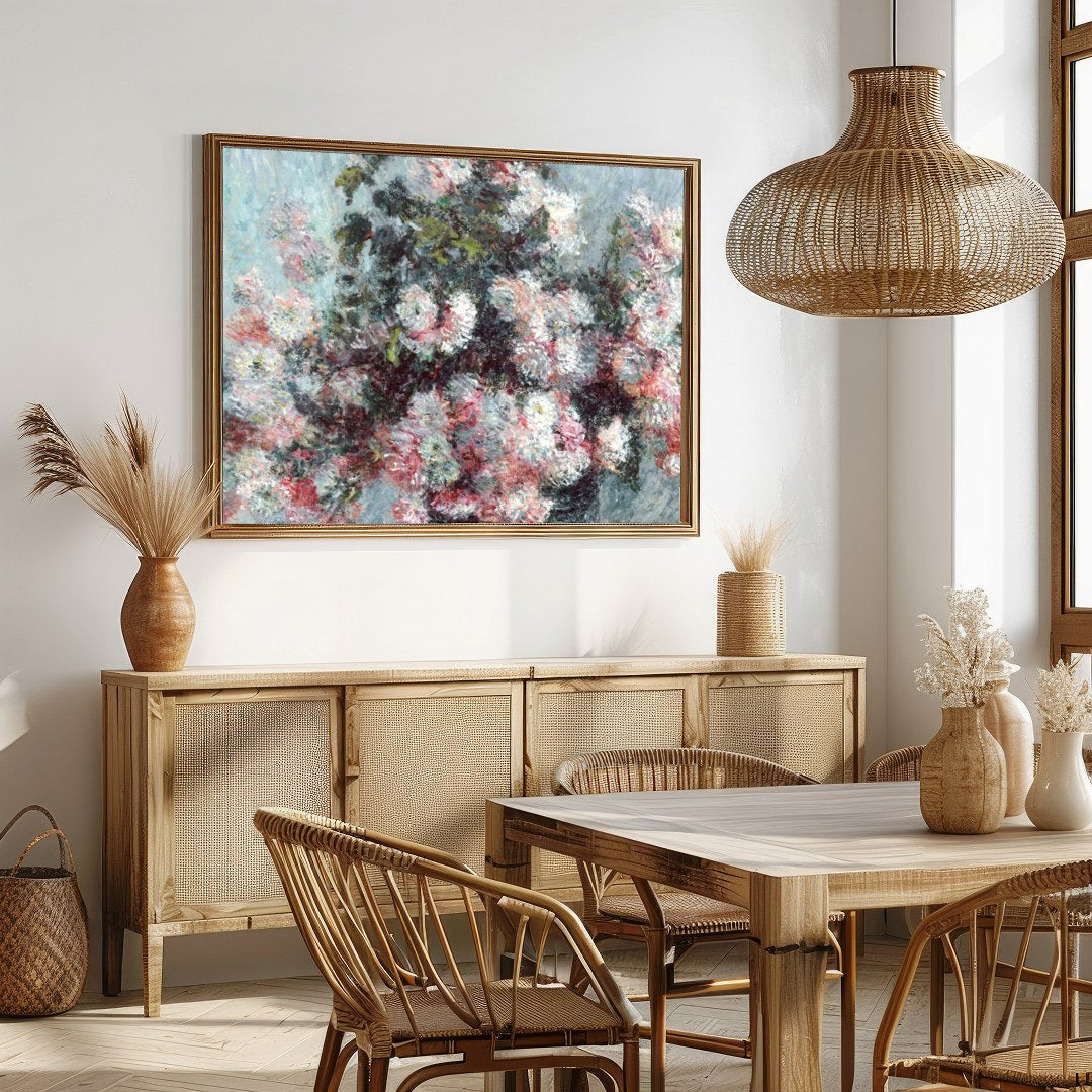 This captivating artwork beautifully encapsulates the delicate interplay of soft blossoms against a for Dining
