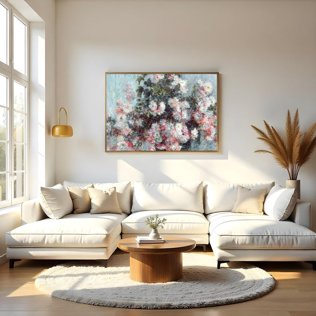 This captivating artwork beautifully encapsulates the delicate interplay of soft blossoms against a for Living Room