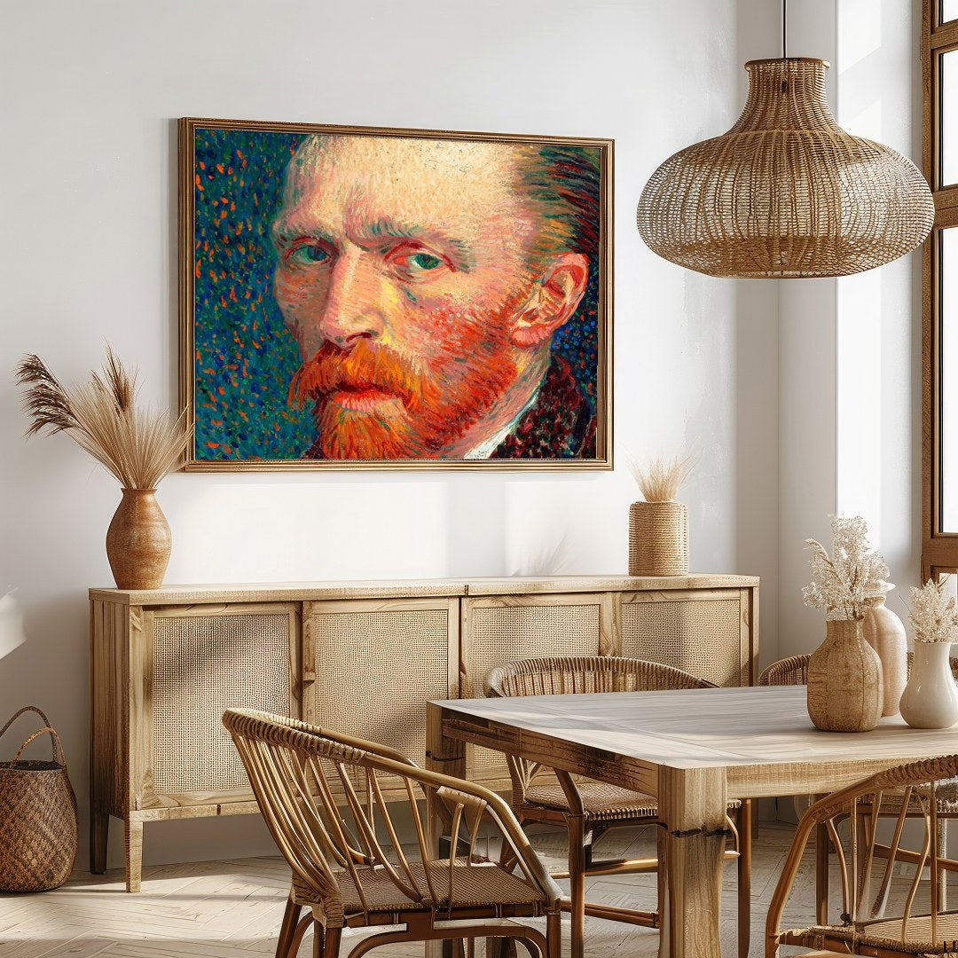 This captivating impressionist artwork features a striking portrait with vivid brushstrokes and a for Dining
