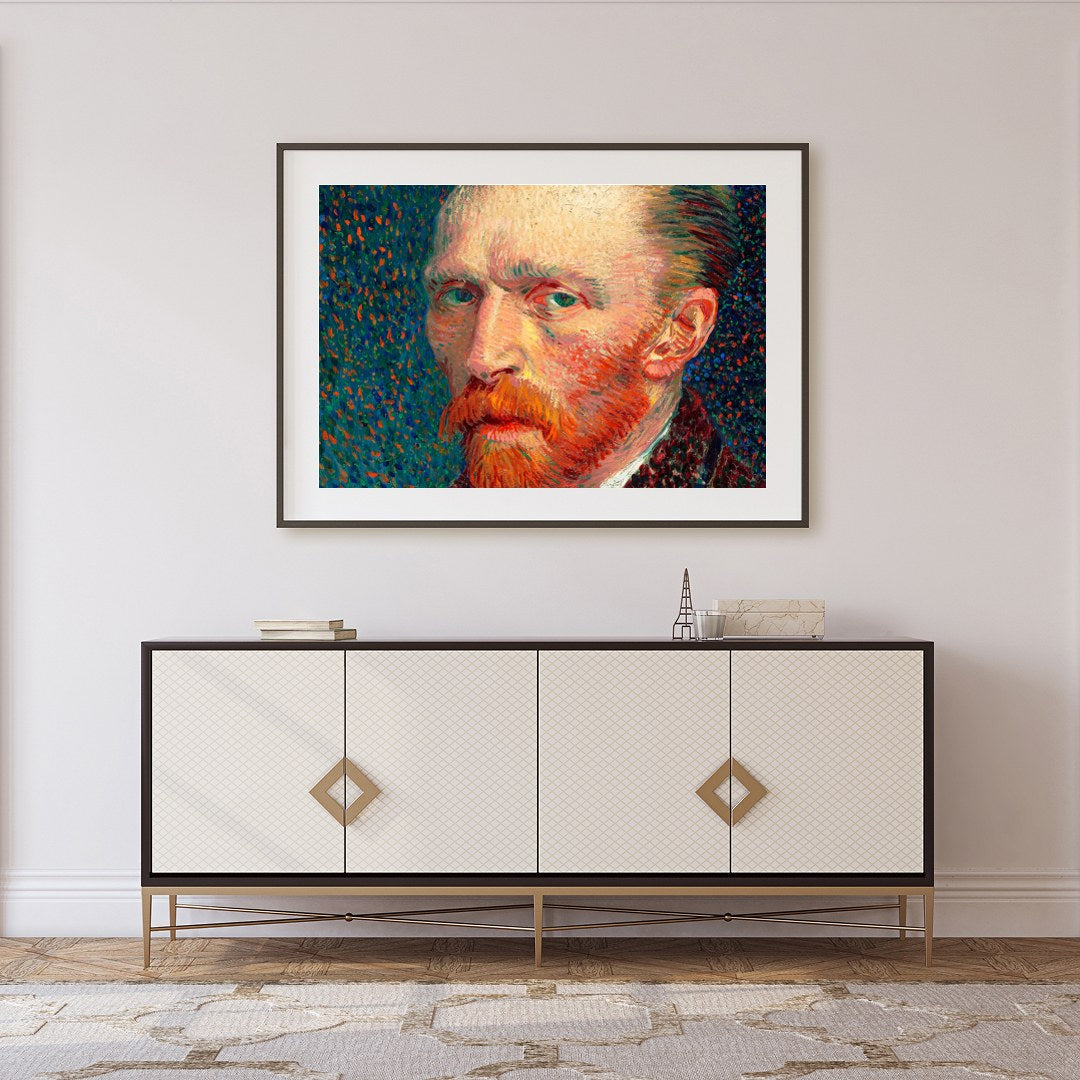 This captivating impressionist artwork features a striking portrait with vivid brushstrokes and a for Foyer