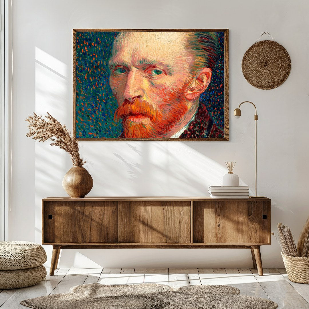 This captivating impressionist artwork features a striking portrait with vivid brushstrokes and a for Sitting Area