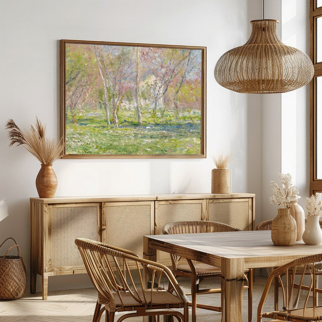 Capture the serene beauty of nature with this stunning impressionist artwork, featuring a tranquil for Dining