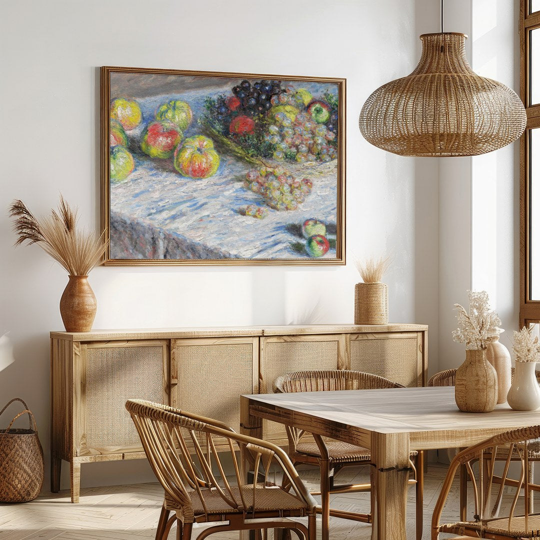 This stunning impressionist piece captures the essence of a bountiful fruit spread with a vivid for Dining