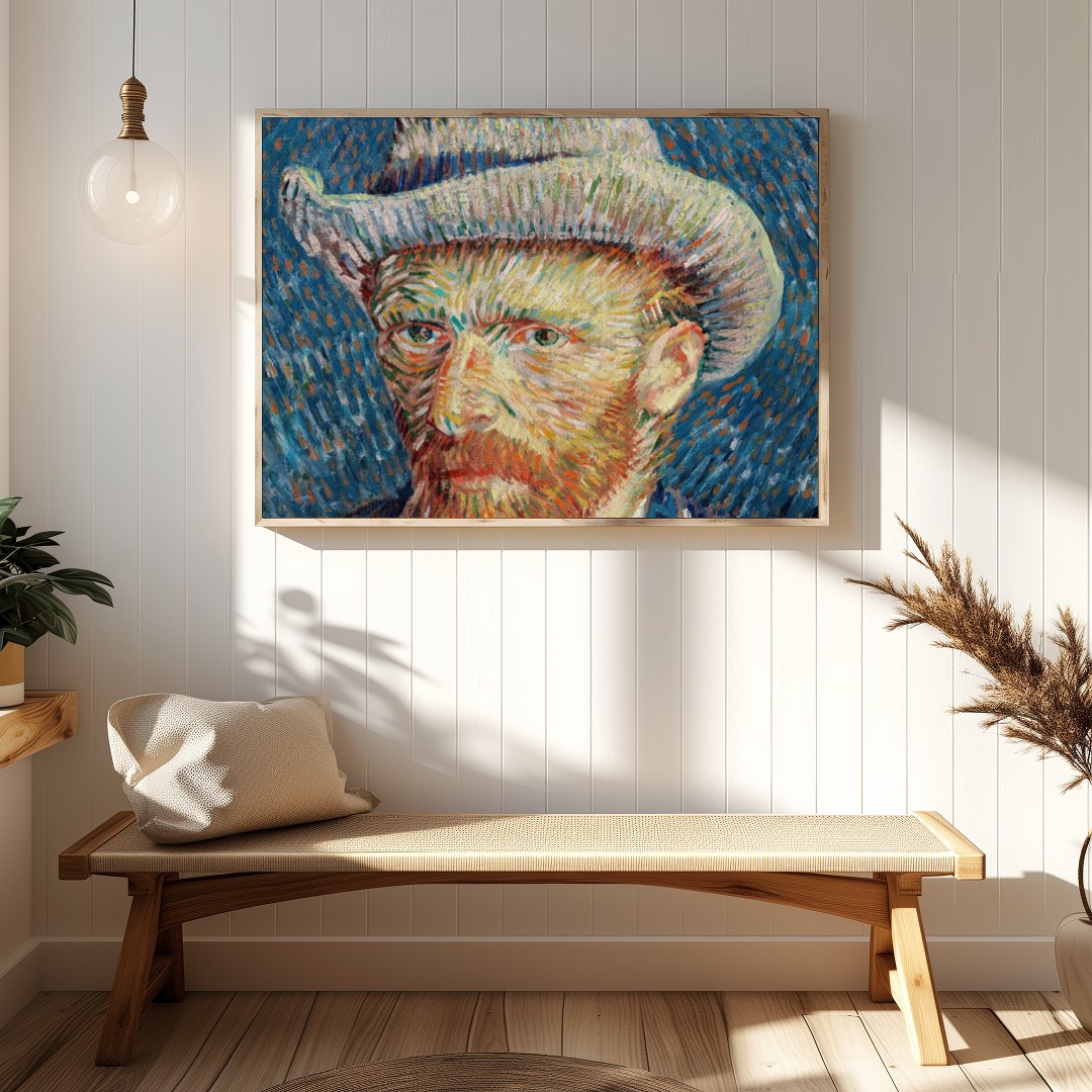 Dive into the mind of an artistic genius with this vibrant self-portrait. The swirling brushstrokes for gallery