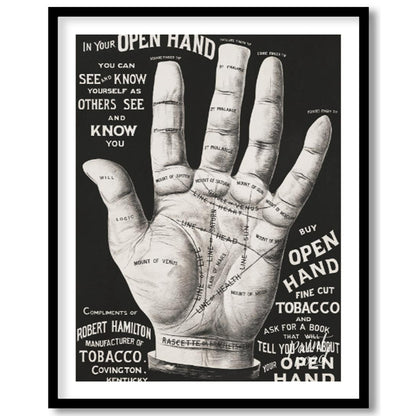 This abstract, poetic poster features fragmented phrases like "IN YOUR OPEN HAND, SEEK KNOW, OTHERS… for abode