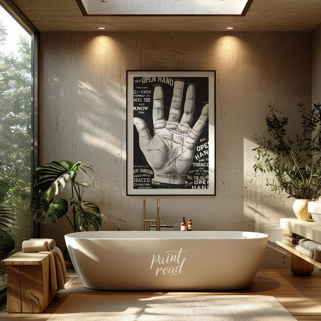 This abstract, poetic poster features fragmented phrases like "IN YOUR OPEN HAND, SEEK KNOW, OTHERS… for bathroom