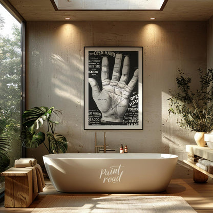 This abstract, poetic poster features fragmented phrases like "IN YOUR OPEN HAND, SEEK KNOW, OTHERS… for bathroom