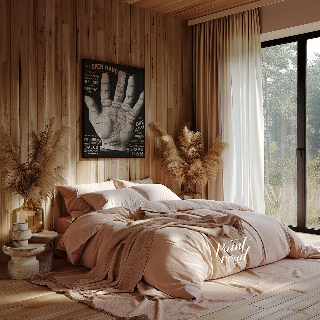 This abstract, poetic poster features fragmented phrases like "IN YOUR OPEN HAND, SEEK KNOW, OTHERS… for bedroom