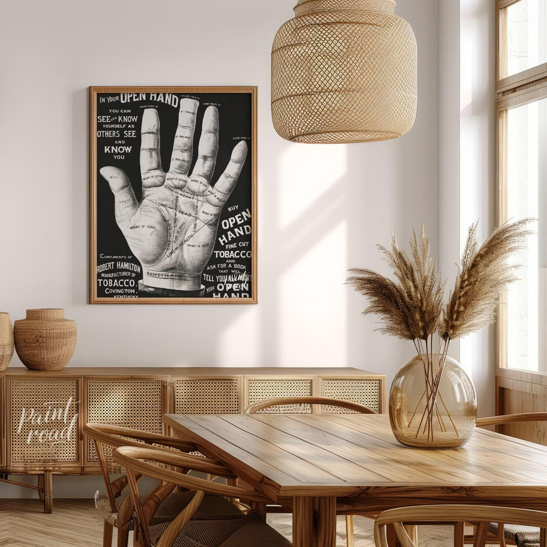 This abstract, poetic poster features fragmented phrases like "IN YOUR OPEN HAND, SEEK KNOW, OTHERS… for dining room