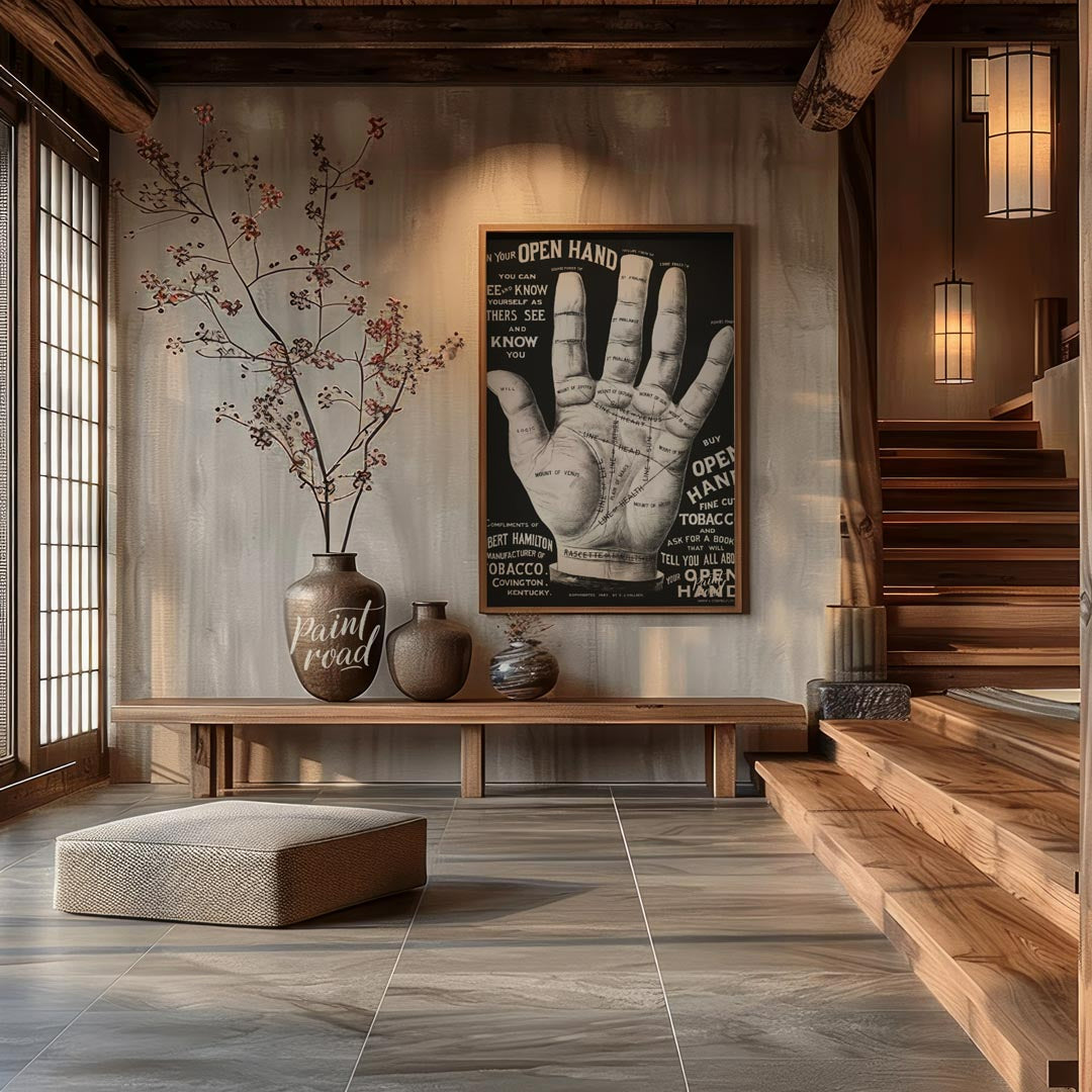 This abstract, poetic poster features fragmented phrases like "IN YOUR OPEN HAND, SEEK KNOW, OTHERS… for entryway