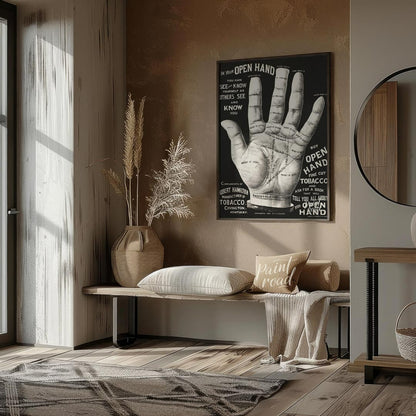 This abstract, poetic poster features fragmented phrases like "IN YOUR OPEN HAND, SEEK KNOW, OTHERS… for entryway