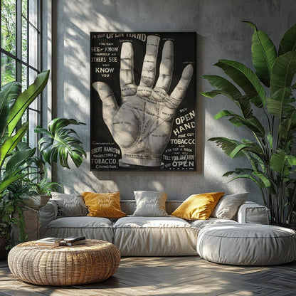 This abstract, poetic poster features fragmented phrases like "IN YOUR OPEN HAND, SEEK KNOW, OTHERS… for living room
