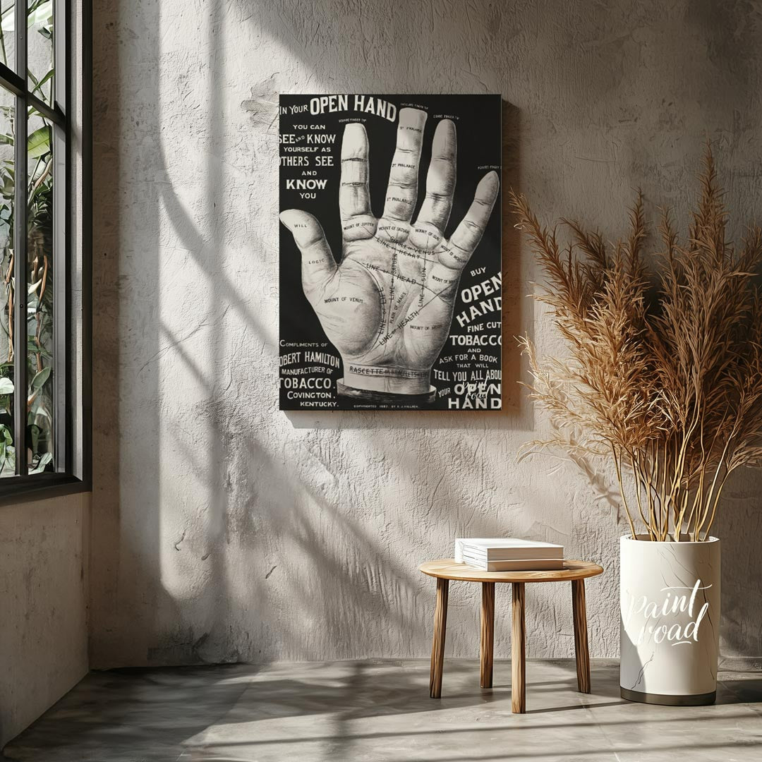 This abstract, poetic poster features fragmented phrases like "IN YOUR OPEN HAND, SEEK KNOW, OTHERS… for living room