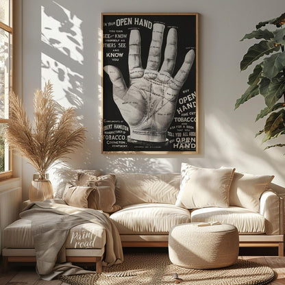 This abstract, poetic poster features fragmented phrases like "IN YOUR OPEN HAND, SEEK KNOW, OTHERS… for living room