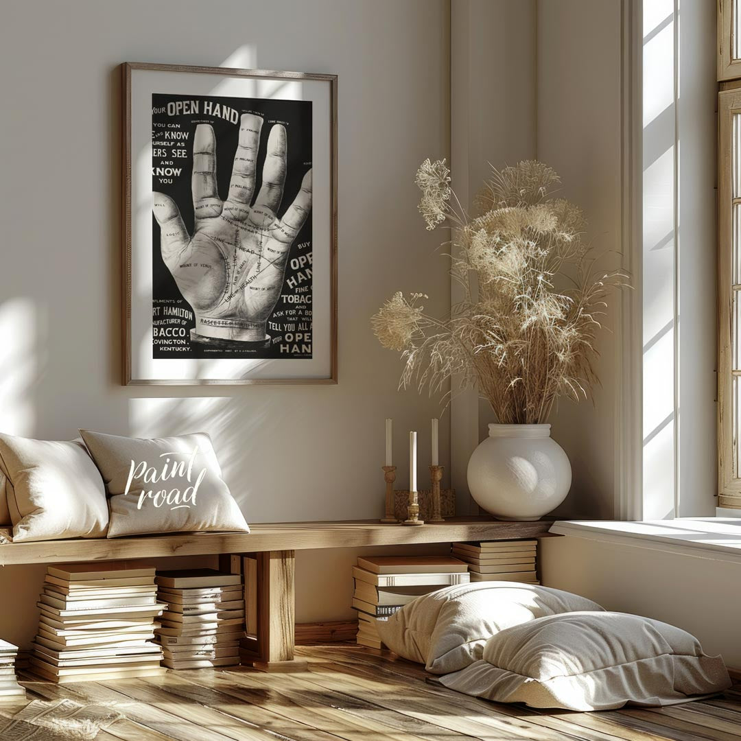 This abstract, poetic poster features fragmented phrases like "IN YOUR OPEN HAND, SEEK KNOW, OTHERS… for living room