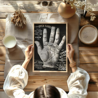 This abstract, poetic poster features fragmented phrases like "IN YOUR OPEN HAND, SEEK KNOW, OTHERS… for other