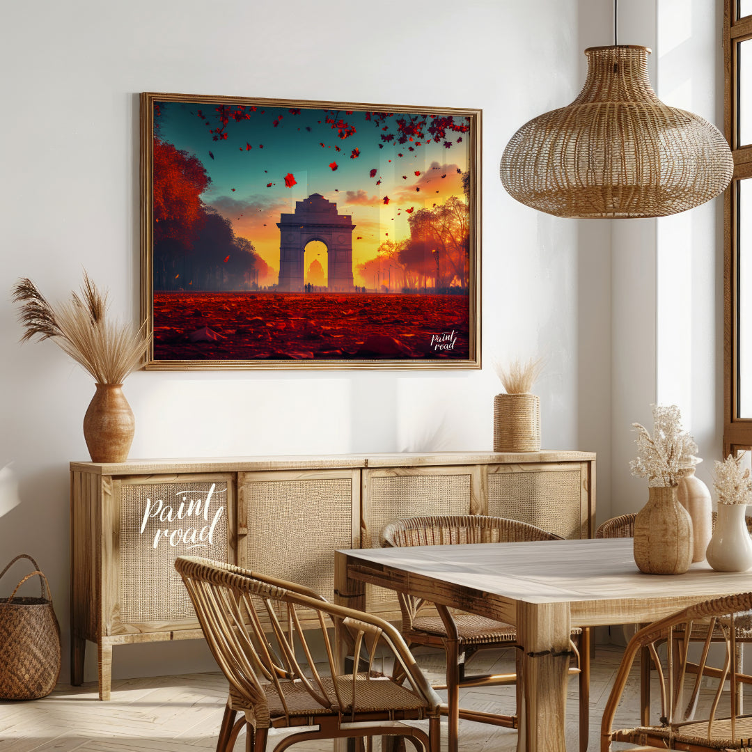 A breathtaking image captures the iconic India Gate bathed in the warm glow of the setting sun. The… for dining room