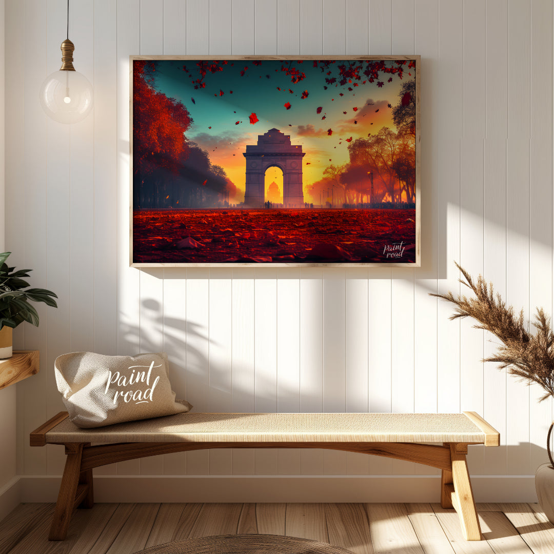 A breathtaking image captures the iconic India Gate bathed in the warm glow of the setting sun. The… for entryway