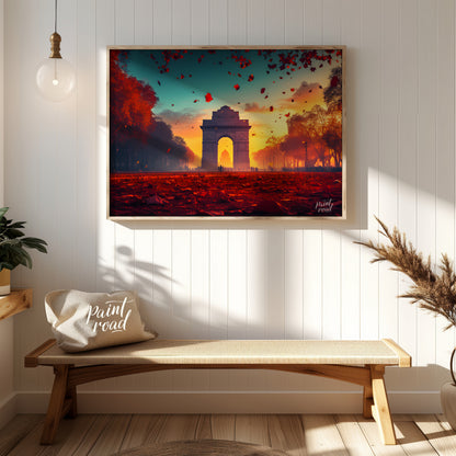 A breathtaking image captures the iconic India Gate bathed in the warm glow of the setting sun. The… for entryway