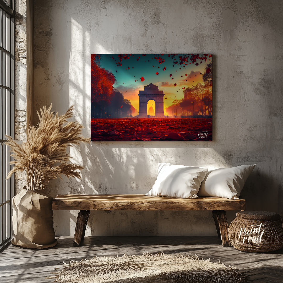 A breathtaking image captures the iconic India Gate bathed in the warm glow of the setting sun. The… for entryway