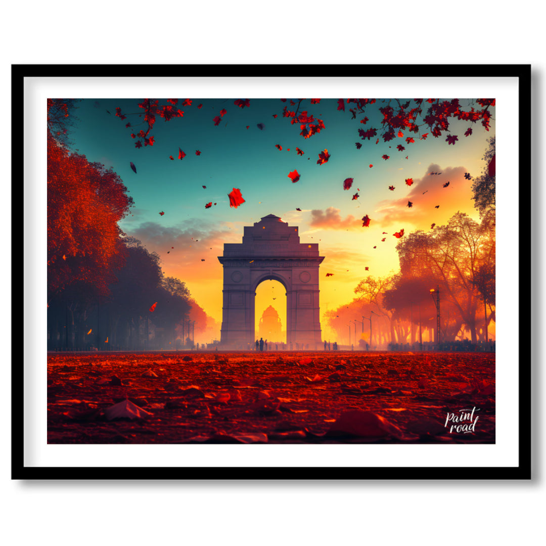 A breathtaking image captures the iconic India Gate bathed in the warm glow of the setting sun. The… for home