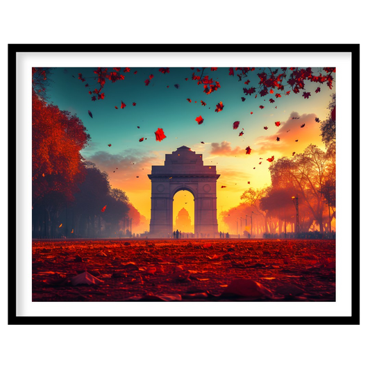 A breathtaking image captures the iconic India Gate bathed in the warm glow of the setting sun. The… for home