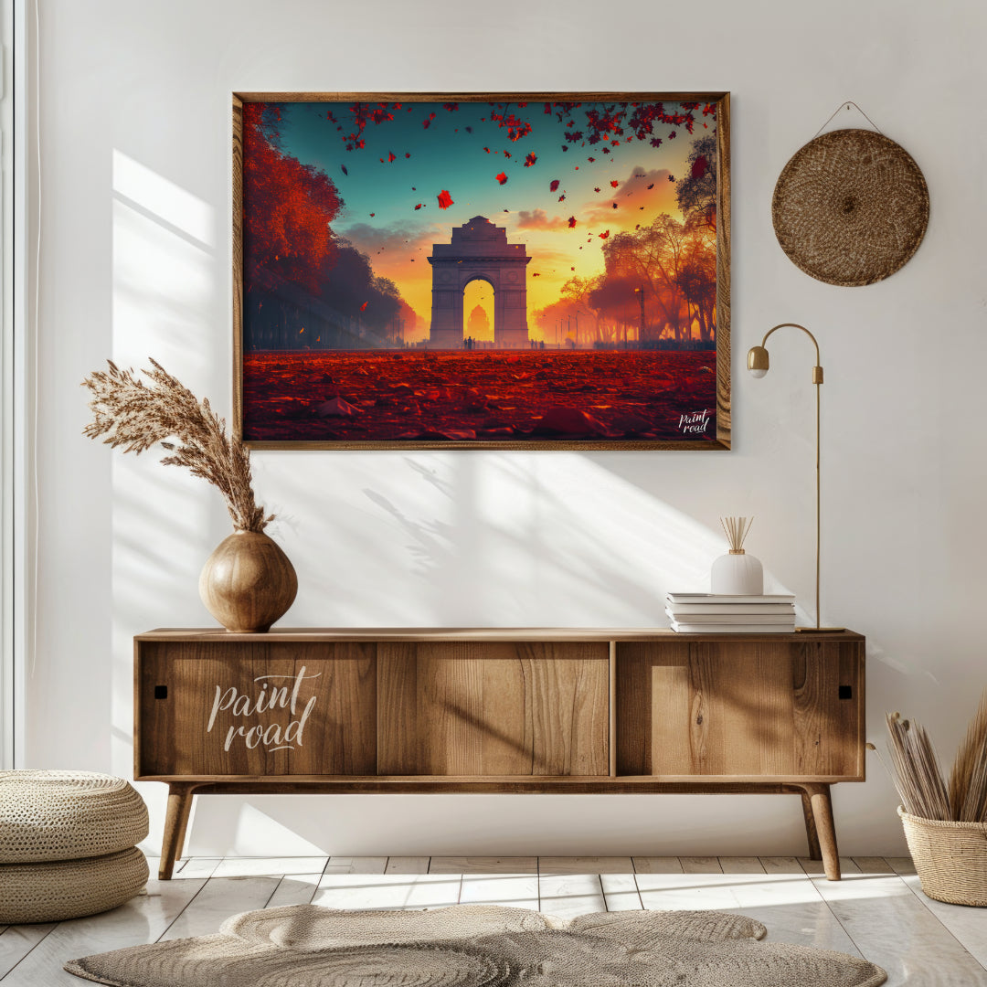 A breathtaking image captures the iconic India Gate bathed in the warm glow of the setting sun. The… for living room