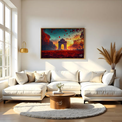 A breathtaking image captures the iconic India Gate bathed in the warm glow of the setting sun. The… for living room