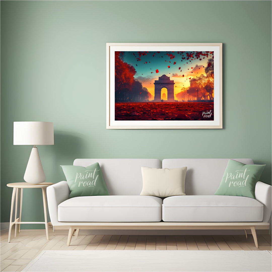 A breathtaking image captures the iconic India Gate bathed in the warm glow of the setting sun. The… for living room