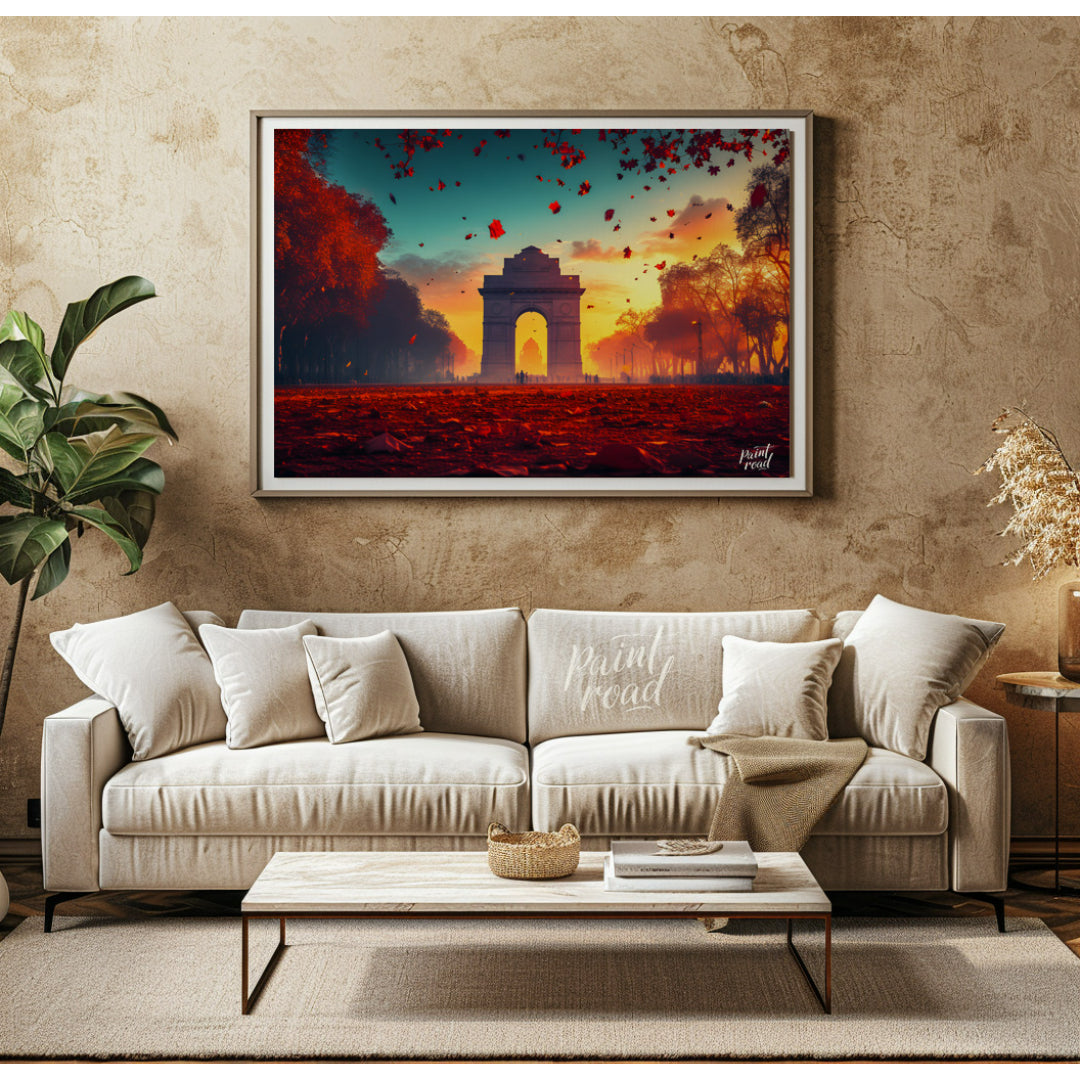 A breathtaking image captures the iconic India Gate bathed in the warm glow of the setting sun. The… for living room