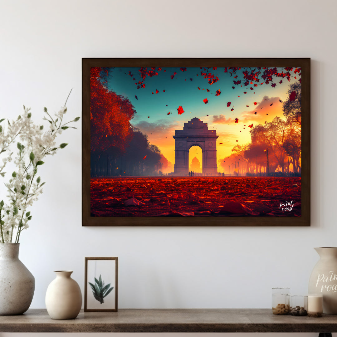 A breathtaking image captures the iconic India Gate bathed in the warm glow of the setting sun. The… for living room
