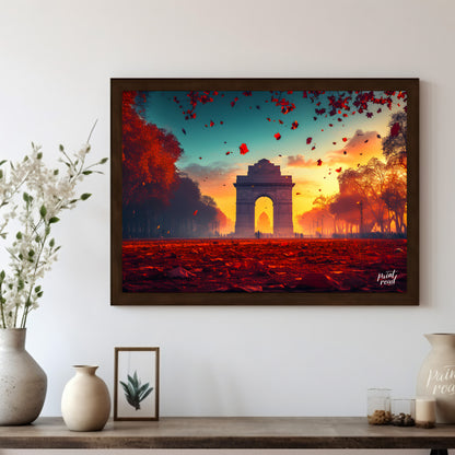 A breathtaking image captures the iconic India Gate bathed in the warm glow of the setting sun. The… for living room