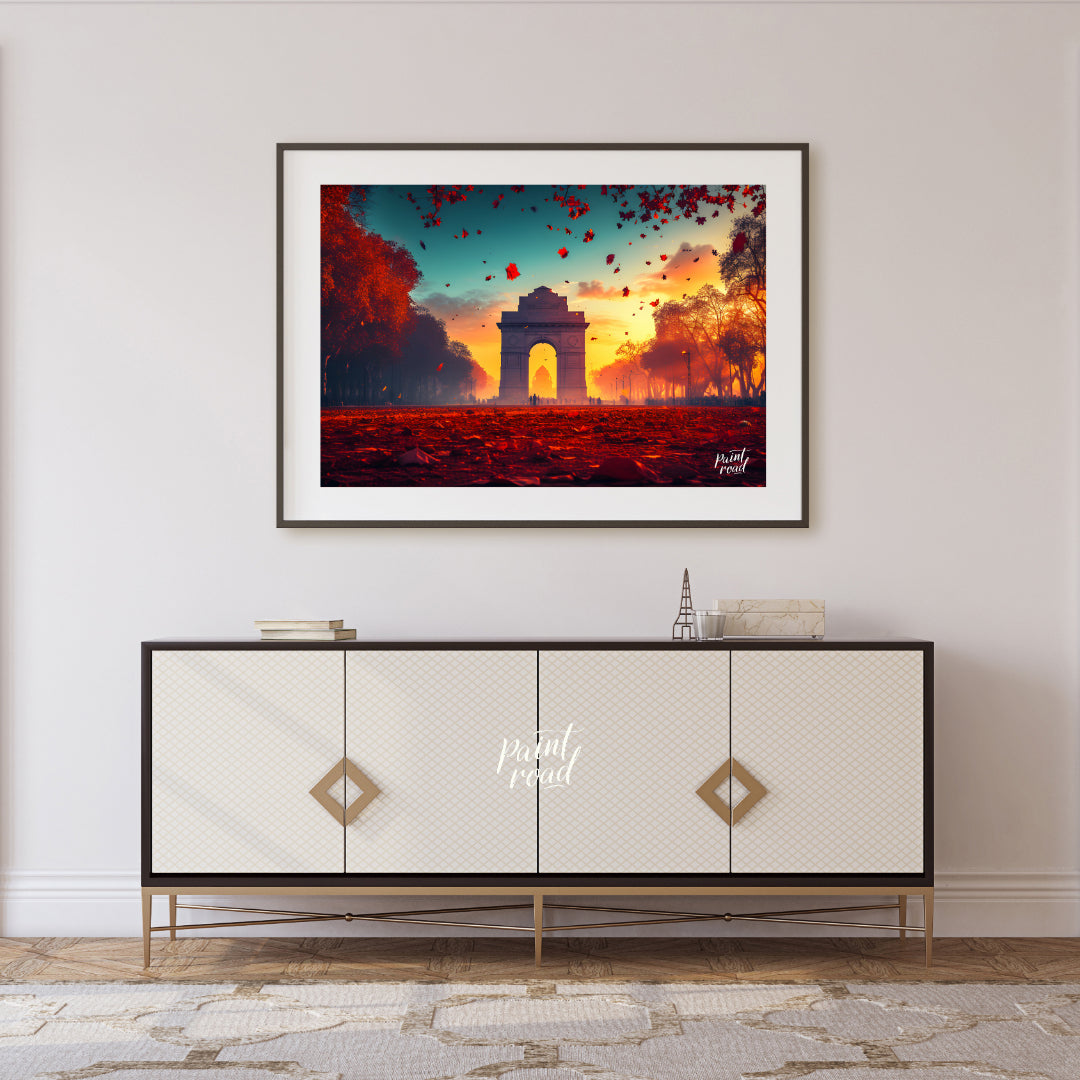A breathtaking image captures the iconic India Gate bathed in the warm glow of the setting sun. The… for other