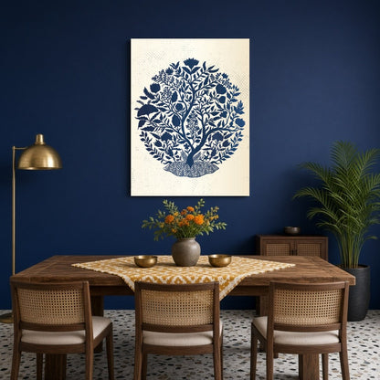 Indigo Tree of Life captures the intricate beauty of Mughal art, featuring a lush botanical scene for Dining