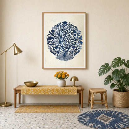 Indigo Tree of Life captures the intricate beauty of Mughal art, featuring a lush botanical scene for Entrance