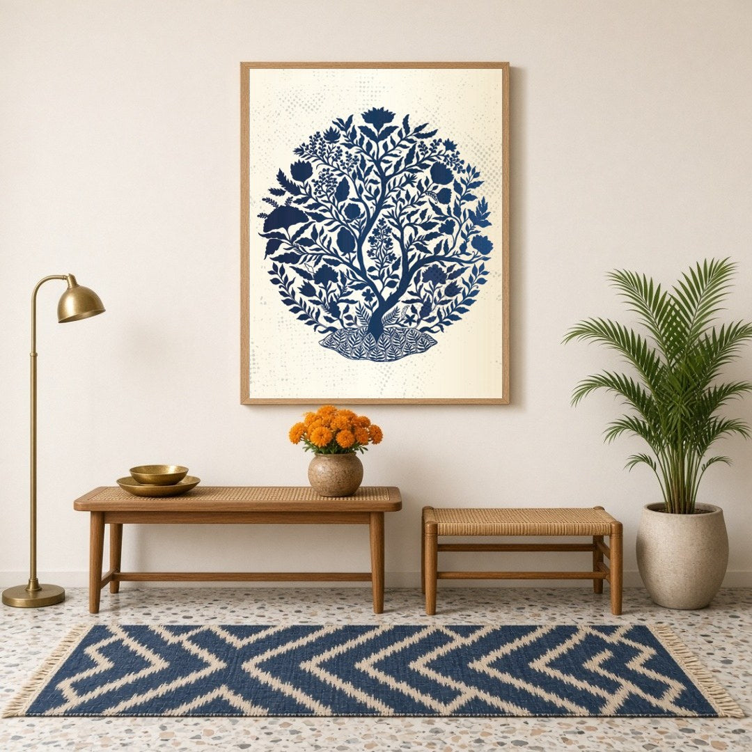 Indigo Tree of Life captures the intricate beauty of Mughal art, featuring a lush botanical scene for Hallway