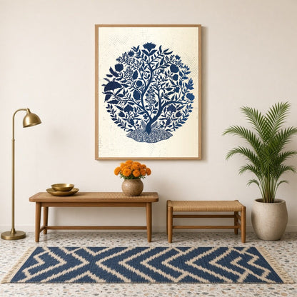 Indigo Tree of Life captures the intricate beauty of Mughal art, featuring a lush botanical scene for Hallway