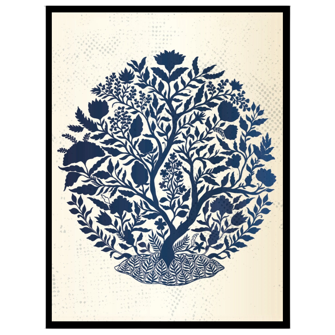 Indigo Tree of Life captures the intricate beauty of Mughal art, featuring a lush botanical scene for haven