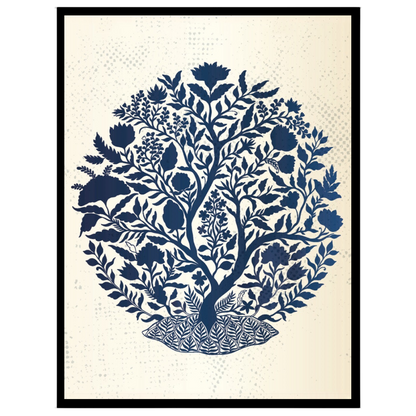 Indigo Tree of Life captures the intricate beauty of Mughal art, featuring a lush botanical scene for haven