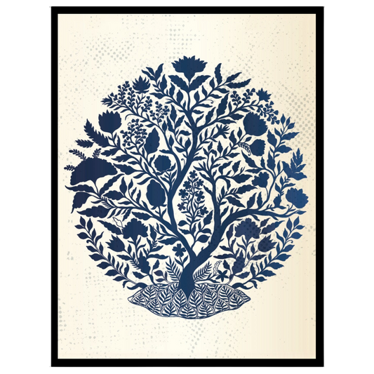 Indigo Tree of Life captures the intricate beauty of Mughal art, featuring a lush botanical scene for haven