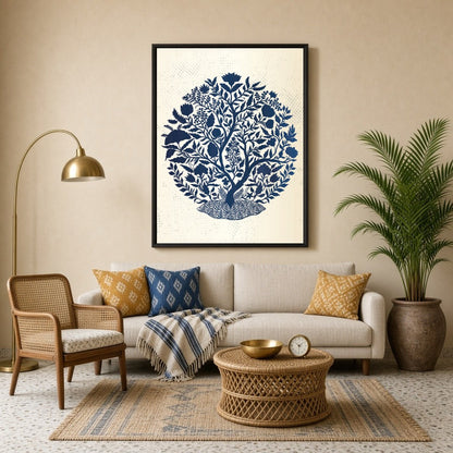 Indigo Tree of Life captures the intricate beauty of Mughal art, featuring a lush botanical scene for Living Room
