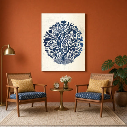 Indigo Tree of Life captures the intricate beauty of Mughal art, featuring a lush botanical scene for Sitting Area
