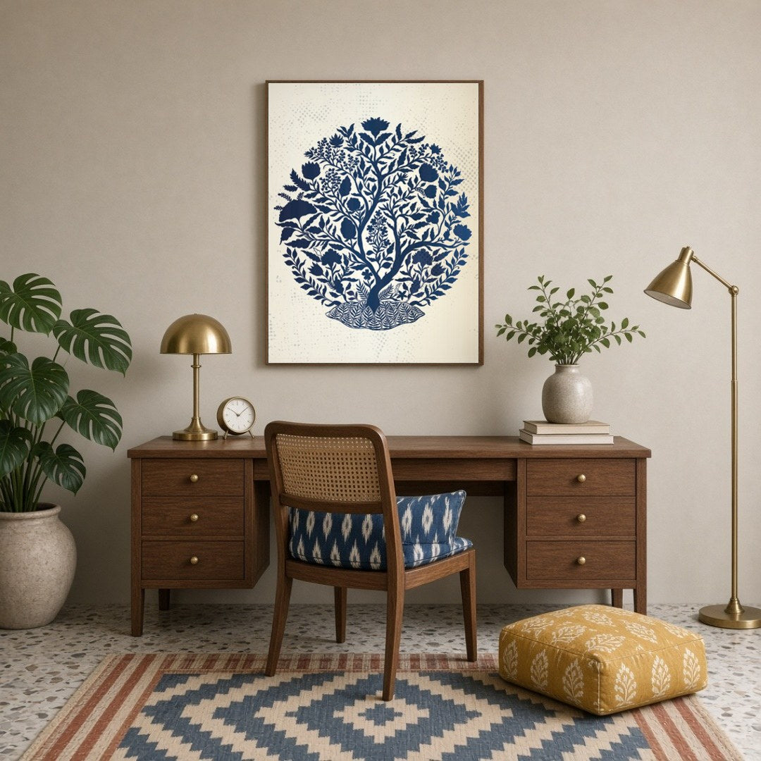 Indigo Tree of Life captures the intricate beauty of Mughal art, featuring a lush botanical scene for Study