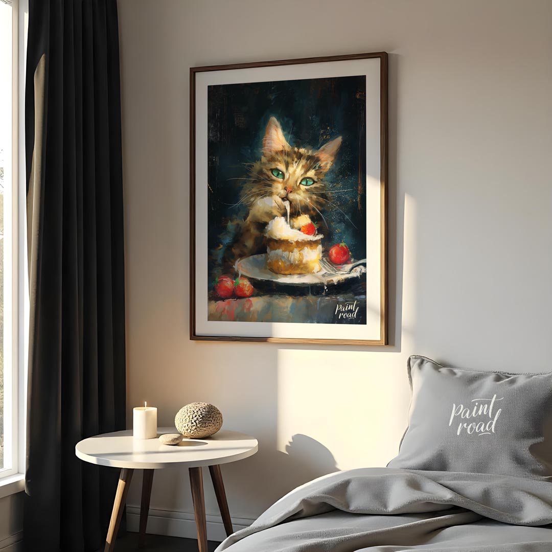 This striking oil painting captures a fluffy, tabby cat with piercing green eyes, caught in the act… for bedroom
