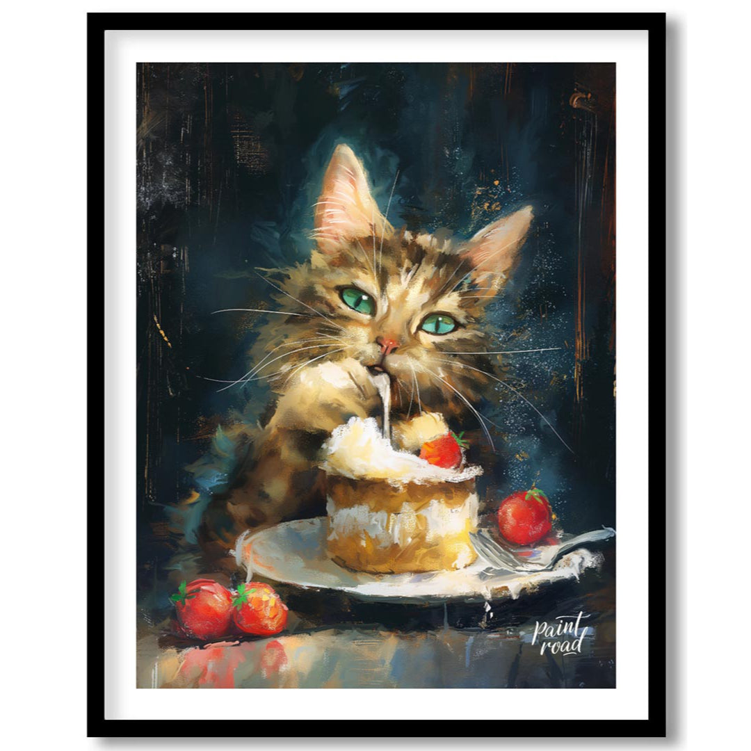 This striking oil painting captures a fluffy, tabby cat with piercing green eyes, caught in the act… for home