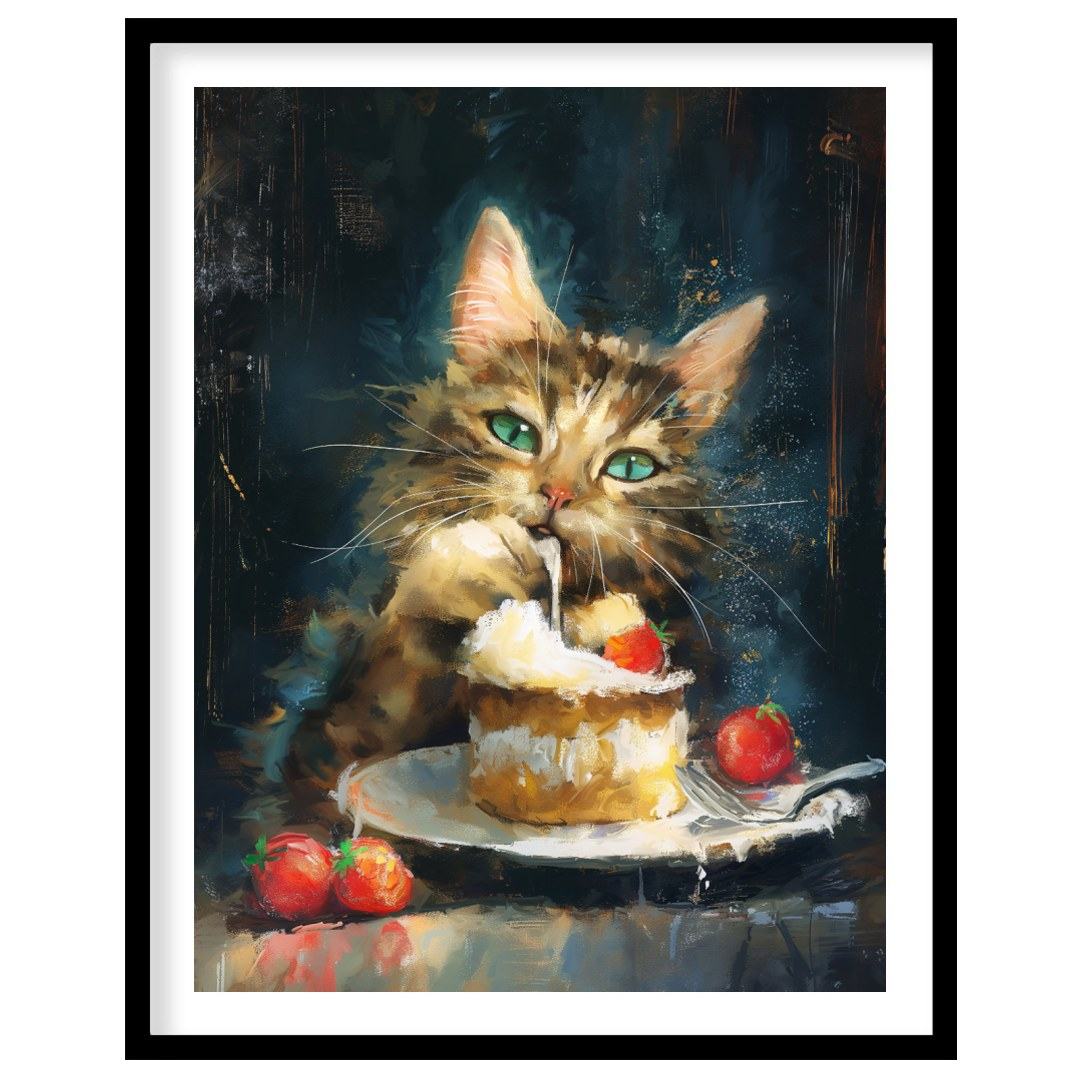 This striking oil painting captures a fluffy, tabby cat with piercing green eyes, caught in the act… for home