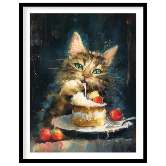 This striking oil painting captures a fluffy, tabby cat with piercing green eyes, caught in the act… for home